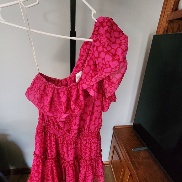 Misa Los Angeles Dresses & Skirts - Misa Los Angeles One-Shoulder Ruffle Dress in Hot Pink Print